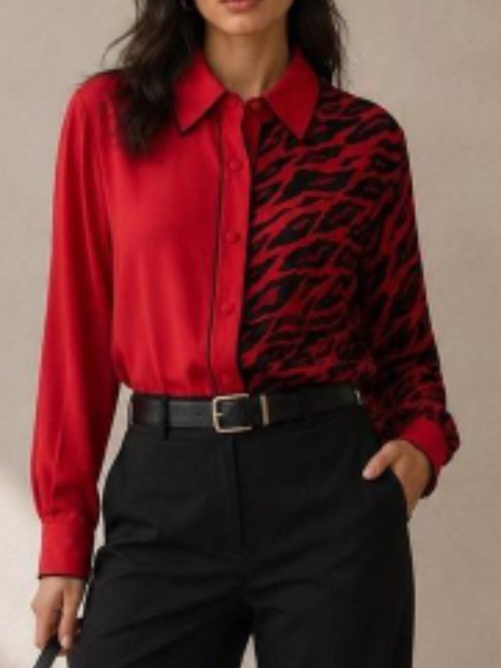 Bob Mackie Women’s Size Small Button Down Blouse Red Black Zebra Animal Print